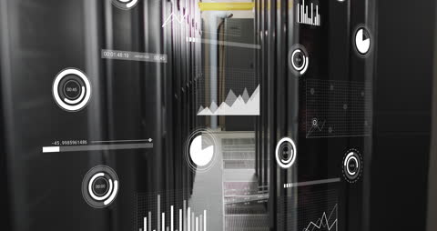 This visual depicts digital data analysis with dynamic graphs and charts displayed across a server room, representing the integration of cutting-edge technology. Ideal for illustrating concepts of data processing, cloud computing, or network management in IT environments for marketing materials, tech-related blogs, or digital studies exhibitions.