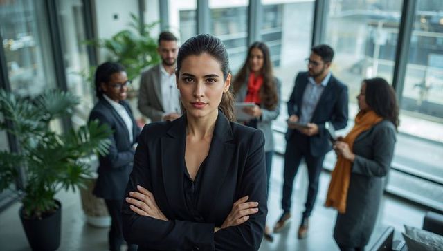 Confident female executive crossing arms leading diverse team in modern glass office