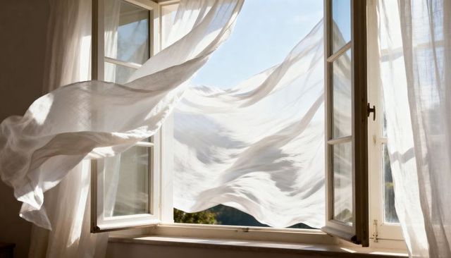 Sunlit sheer curtains billowing through open casement window, translucent drapery, breezy room