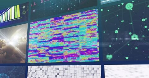 Colorful glitch bars on futuristic digital panels wall