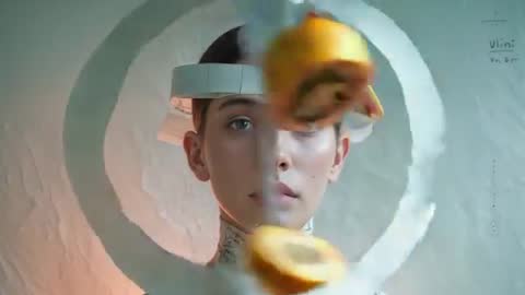 Futuristic Art Installation with Rotating Fruit and Model