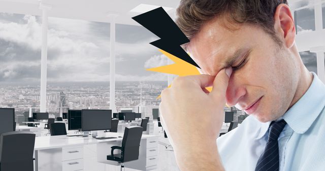 This visual depicts a businessman experiencing clear signs of stress, highlighted by graphical representation of a headache, set against a modern office background. Suitable for articles, blog posts, or presentations discussing workplace stress, mental health in corporate environments, or productivity challenges. Ideal for use in healthcare, human resources, and business management content.
