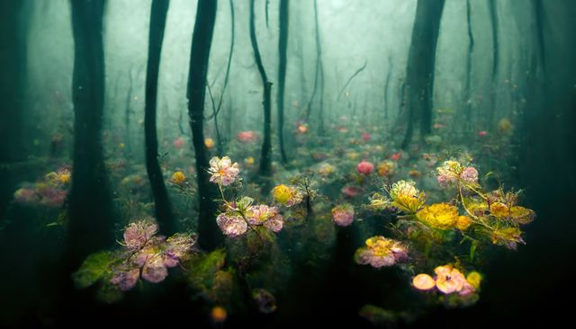 Image of a submerged forest with colorful flowers blooming appears mystical and dreamlike. Ideal for fantasy book covers, ethereal artwork, creative design projects, and nature-themed decorations emphasizing an underwater enchanted setting.