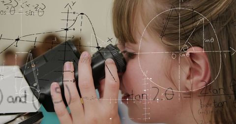 Schoolgirl Exploring Through Microscope with Mathematical Overlays - Download Free Stock Images Pikwizard.com
