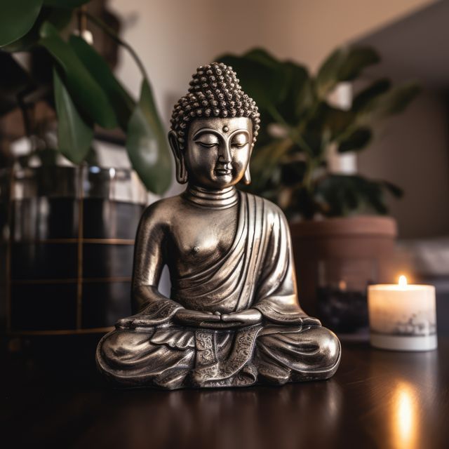 Buddha statue sitting calmly, surrounded by plants and lit candle, inspires serenity and tranquility. Perfect for illustrating themes of mindfulness, meditation, zen, spiritual practice, and calm home environments. Suitable for blogs, websites, and articles related to wellness, interior design, and spiritual well-being.