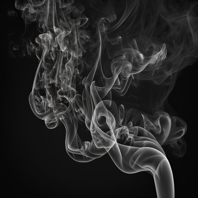White swirling smoke against a black background, creating a dramatic and abstract visual effect. The monochrome design and intricate patterns of the smoke can be used for backgrounds, art projects, or thematic elements in design projects related to mystery, atmosphere, or delicacy. Ideal for use in creative designs, posters, album covers, and advertisements.