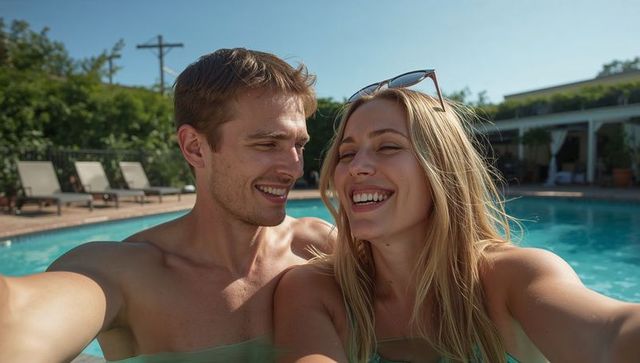 Young Couple Taking Selfie While Relaxing in Pool on Sunny Summer Day