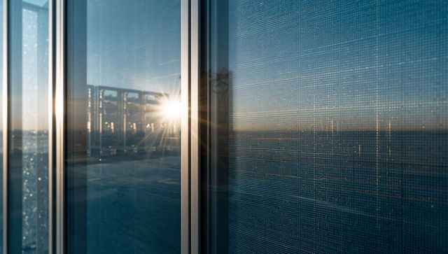 Sunburst reflecting on perforated glass facade over ocean horizon with metal frames