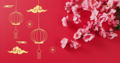 Chinese Blossom and Lanterns on Red Celebratory Background