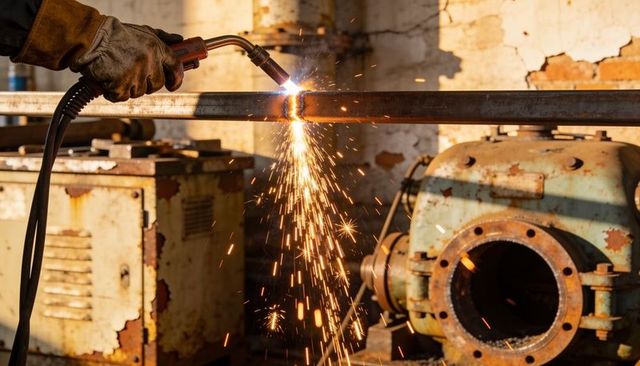 Industrial welder cutting steel bar with torch and flying sparks in rusted metal workshop