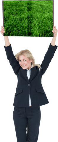 Businesswoman Holding Grass Emanating Open Book Transparent Background
