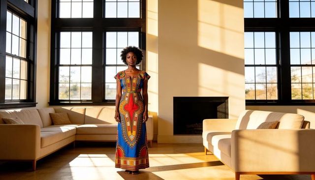Woman standing in sunlit modern living room wearing vibrant african print maxi dress