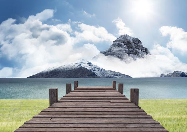 Digital composite image of wooden pier and beautiful mountains