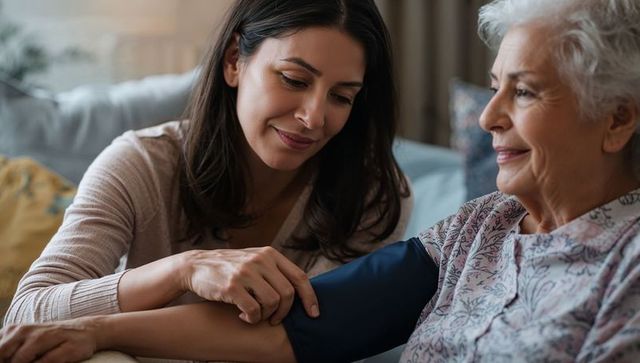 Daughter measuring elderly mother's blood pressure at home during gentle caregiving moment