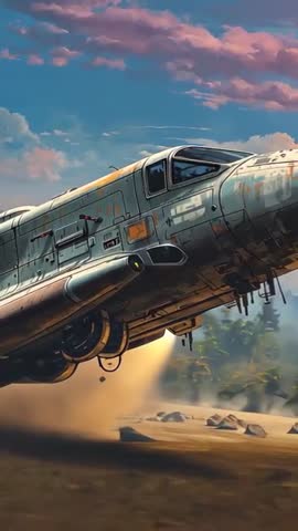 Roaring jets pushing worn shuttle low over desert plain kicking dust vertical cinematic