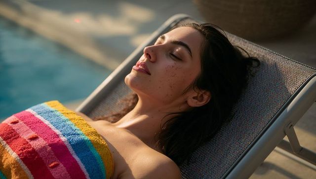 Sunlit poolside lounging woman in colorful striped towel enjoying serene moment