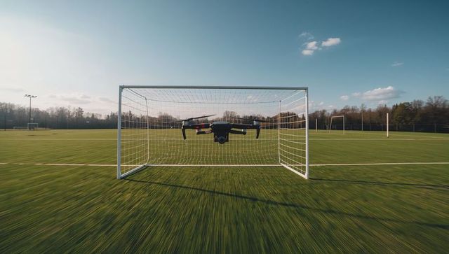 Quadcopter hovering inside soccer goal capturing aerial footage over artificial turf