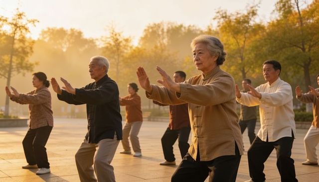 Senior asian group practicing tai chi at sunrise in park plaza for balance