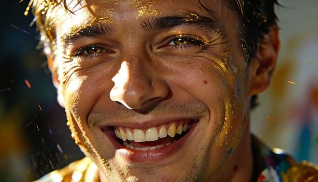 Smiling man with gold paint and glitter celebrating party joy closeup portrait