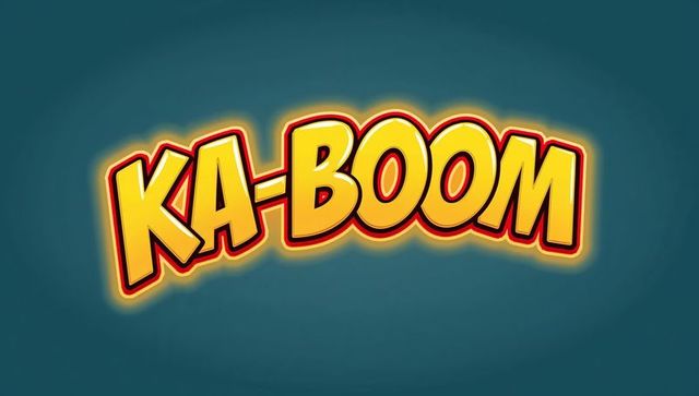Ka-boom comic lettering design with yellow fill, red-black outline and neon glow