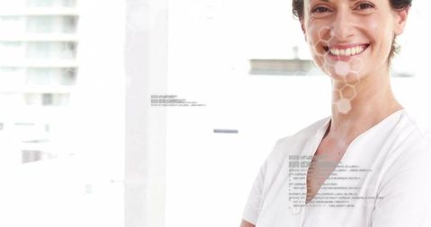 Smiling Nurse in White Scrub with Digital Overlay – Modern Healthcare Concept