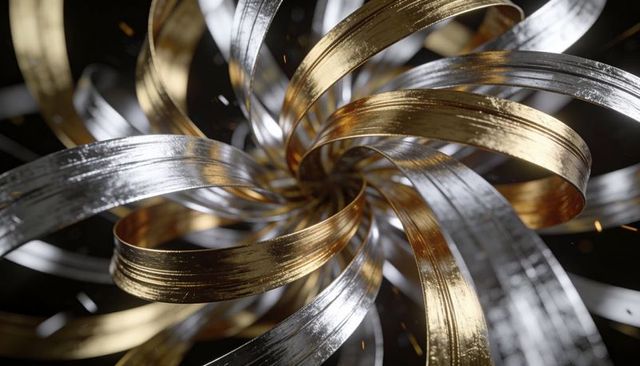 Spiraling gold and silver metallic ribbons forming textured vortex with sparks