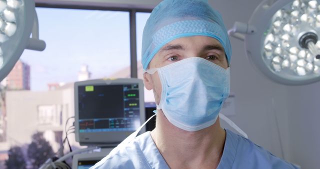 Caucasian surgeon in an operating room, with copy space. He's ready for surgery with medical equipment in the background.