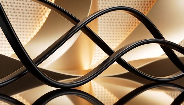 Glossy black tubular loops weaving reflective sculptural curves in warm beige lighting
