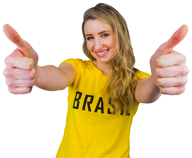 Smiling Woman in Brasil T-Shirt Giving Thumbs Up, Transparent Background - Download Free Stock Videos Pikwizard.com