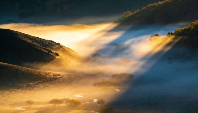 Golden dawn mist filling winding valley with sunbeams and serene stream