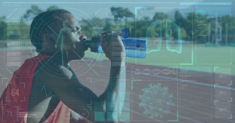 Athlete Drinking with Futuristic Digital Interface and Health Data