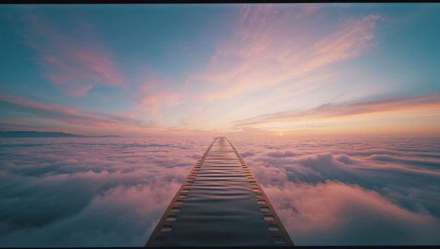 Floating filmstrip walkway gliding above clouds toward sunrise