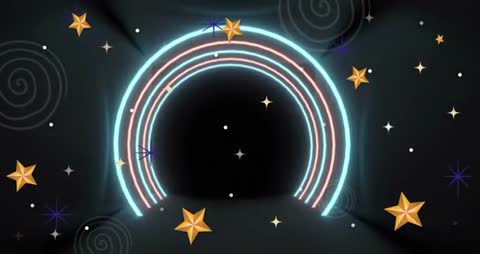 Futuristic Neon Arches with Floating Golden Stars in Cosmic Tunnel