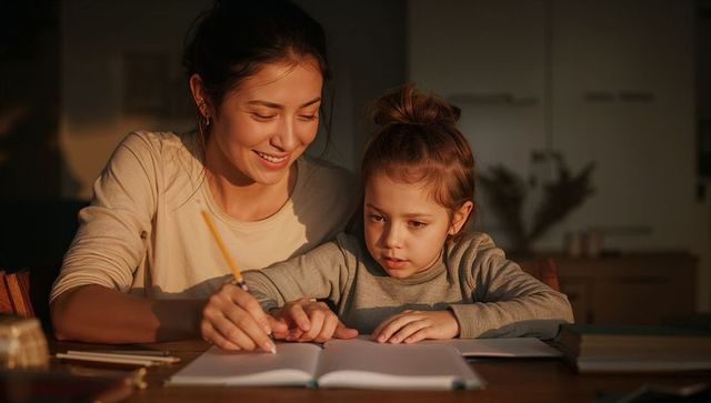 Smiling mother tutoring young daughter with pencil at kitchen table during homework