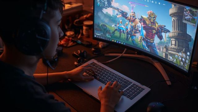 Focused gamer engaged in action game with professional setup