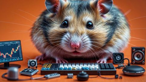 Hamster at computer workspace with stock charts