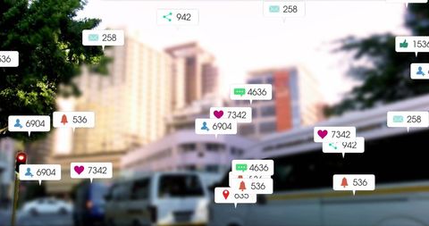 Social Media Engagement Icons Over Cityscape Background