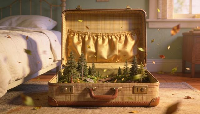 Miniature forest sprouting inside vintage suitcase on cozy sunlit bedroom rug and autumn leaves