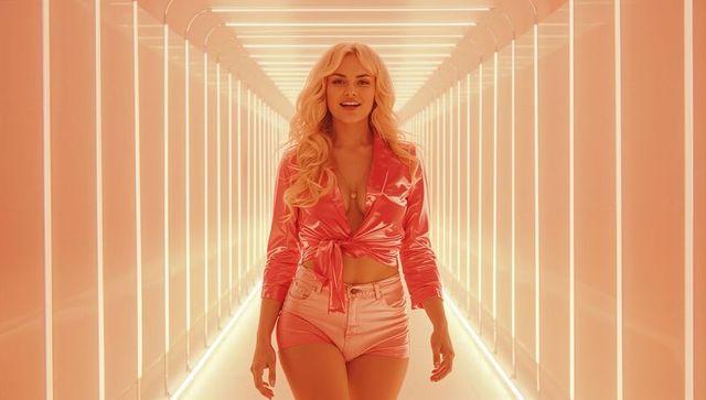 Confident Model in Pink Fashion Walking Through Illuminated Corridor