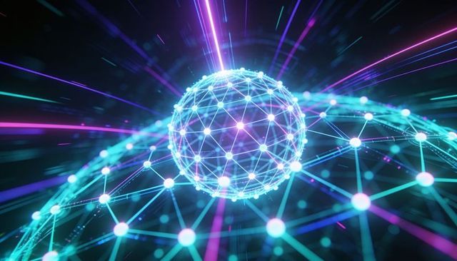 Neon network sphere with glowing nodes and dynamic cyber mesh, holographic data hub