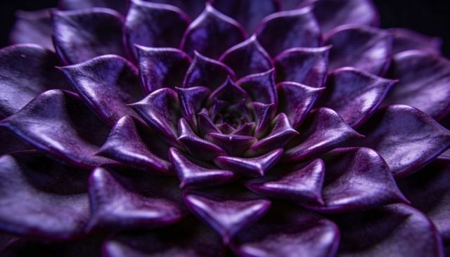 Deep purple succulent rosette macro showing glossy fleshy leaves and radial symmetry