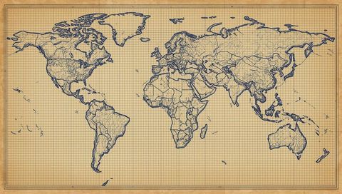 Vintage world map on parchment grid for historical study