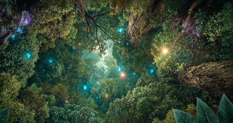 Enchanted Forest Canopy with Glowing Orbs