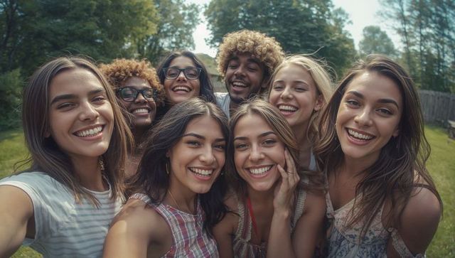 Diverse Friends Enjoying Outdoor Group Selfie in Backyard