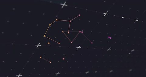 Polygonal constellation network showing neon nodes and grid crosses on dark field
