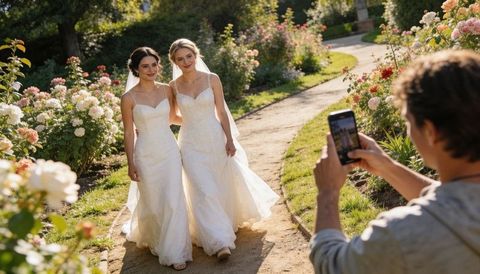 Brides walking arm-in-arm along sunlit rose garden path while guest photographing with smartphone