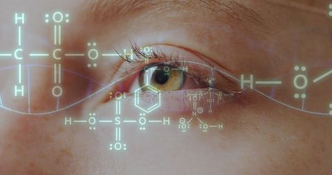Eye overlaid with chemical structures and dna strand