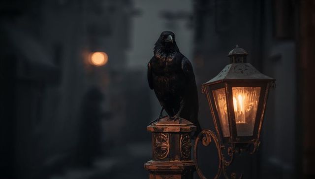 Mystic black crow on gothic lantern in foggy alley