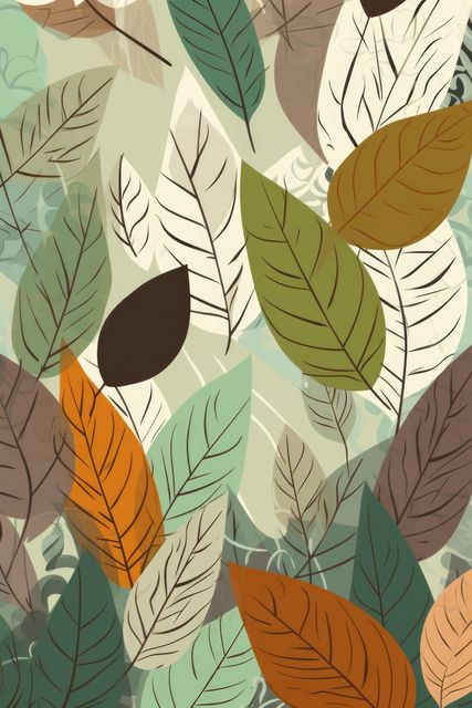 This image features an abstract pattern of colorful autumn leaves in various shades of orange, green, and brown. Ideal for autumn-themed designs, seasonal decor projects, botanical illustrations, nature-inspired artworks, wallpapers, wrapping paper, or fabric prints. Its vibrant and diverse foliage can bring a warm and natural touch to any creative project.