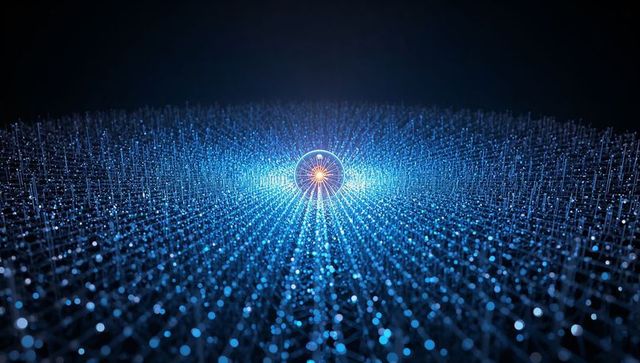 Glowing central orb emitting warm core across radial cyan node network and digital grid
